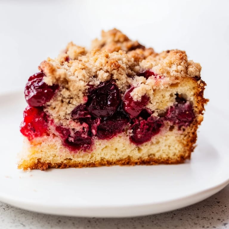 Freshly baked German Cherry Coffee Cake, perfect with a warm cup of coffee on a cozy afternoon.