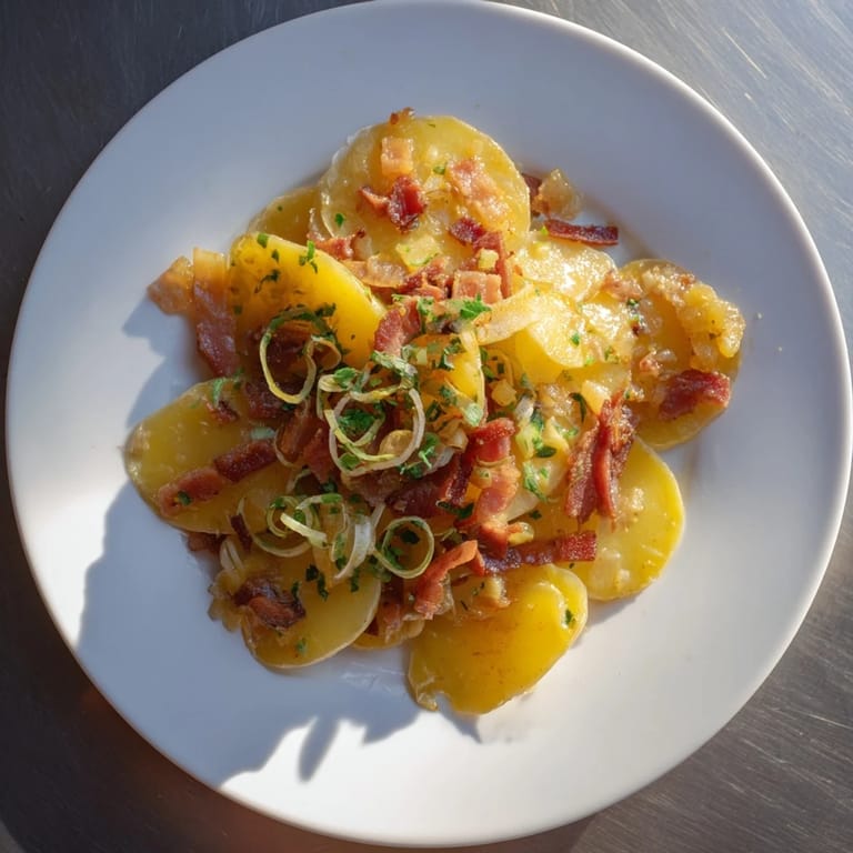 This delicious German potato salad, ready to eat, shows tender potatoes and bacon bits.