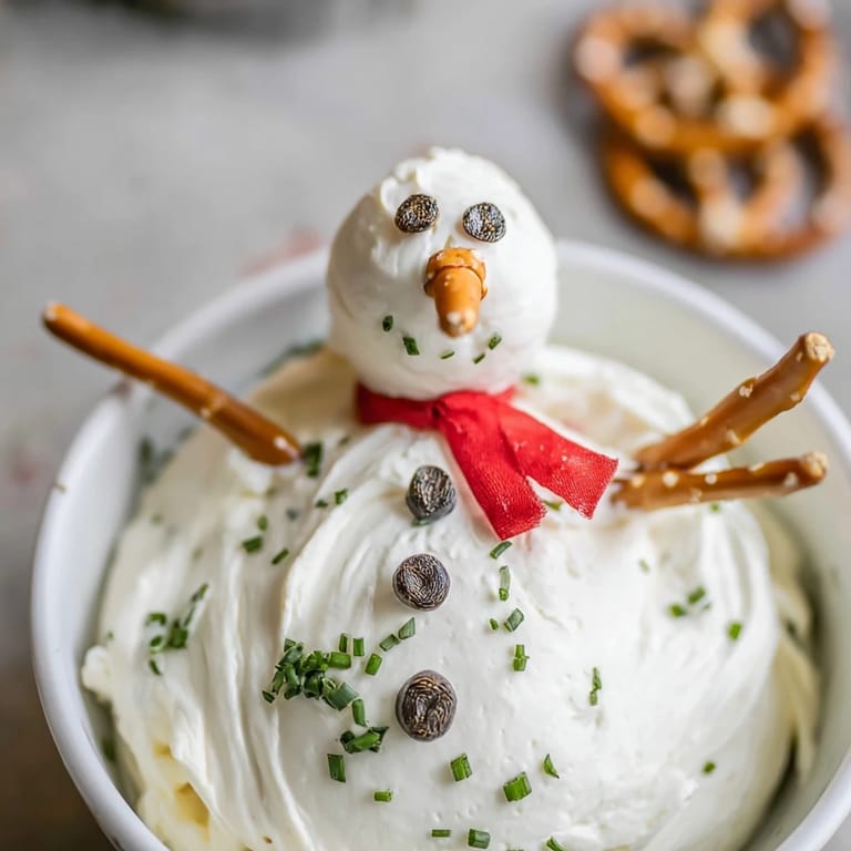 This fun melted snowman dip features a creamy cheese base, carrot nose, and pretzel arms.