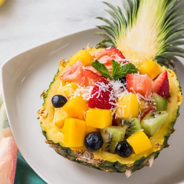 Cool, refreshing Tropical Bliss Pineapple Fruit Boat showcasing juicy watermelon, mango, and a lime dressing.