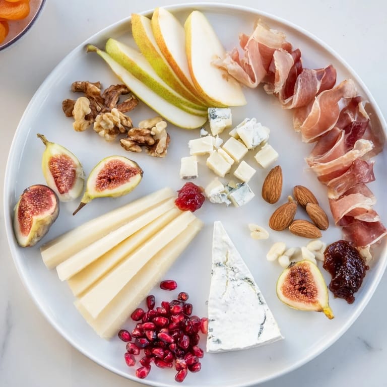 Vivid image of the Moments Magiques Plateau Bonne Année 2026, featuring cheeses, charcuterie, and fresh fruits to share.
