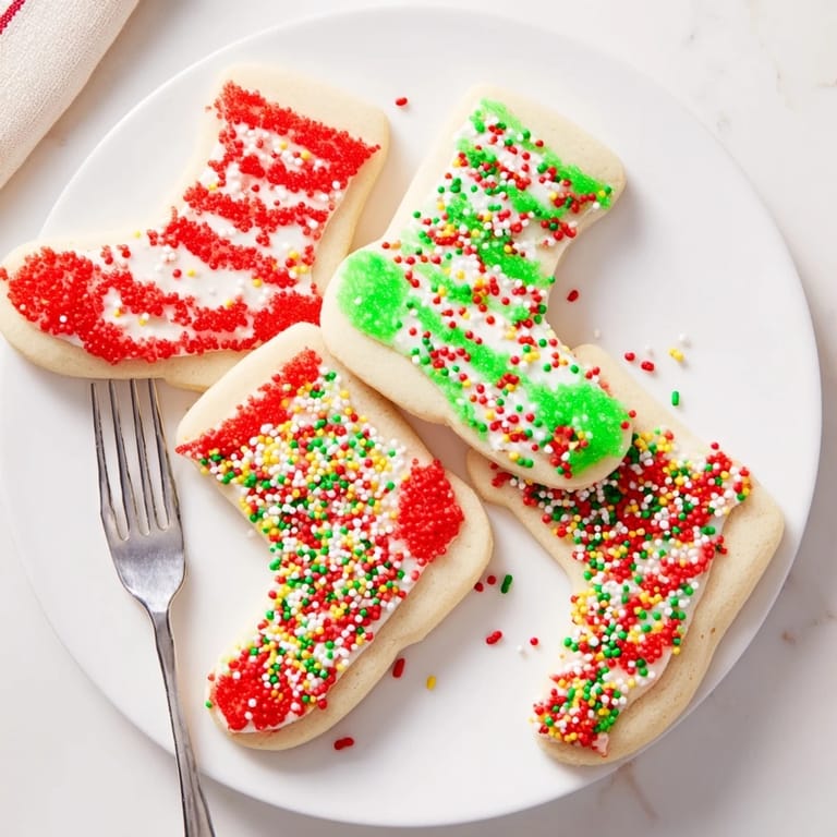 Freshly baked Christmas Boot-Shaped Delights, featuring vibrant icing details over buttery cookies.