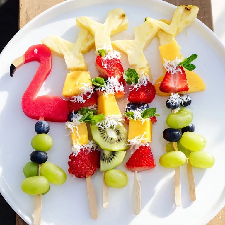 Summer-ready photo of a beautiful Flamingo Fruit Skewer Platter, perfect for a party.