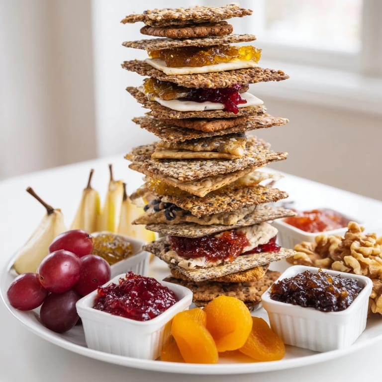 The Gourmet Crackers recipe: featuring a beautiful arrangement with fig jam and assorted cheese.