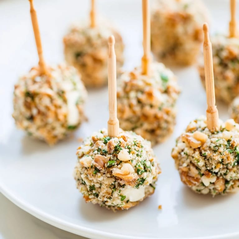 Small bite-sized Champagne Cork Cheese Balls, ready to serve on a platter for your party guests.