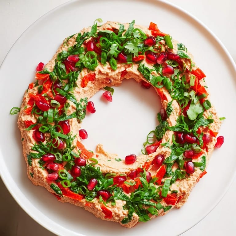 Holiday-ready Red Pepper and Spinach Dip Wreath, a beautiful and flavorful party centerpiece.