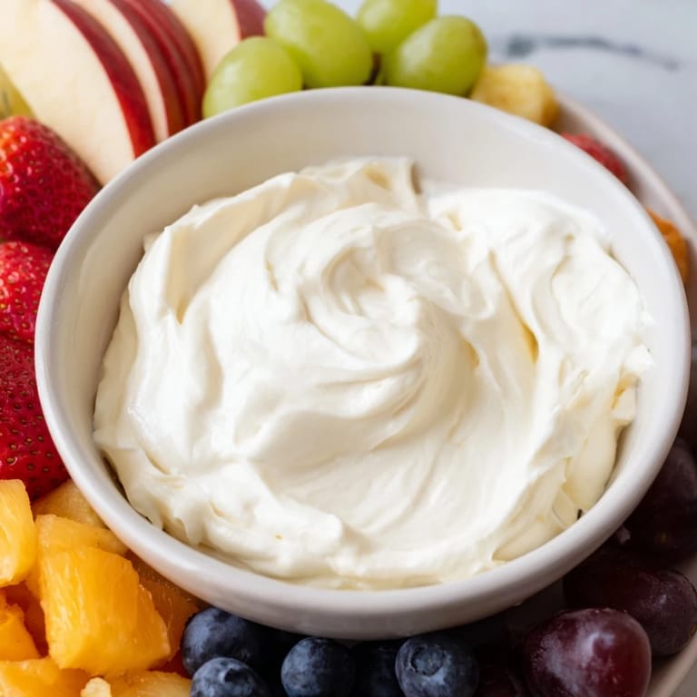 A vibrant centerpiece: homemade cream cheese fruit dip with an array of fresh fruit options.