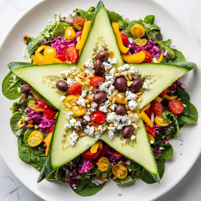A gorgeous overhead shot of the Star of David Salad Platter, a fresh and delicious appetizer.