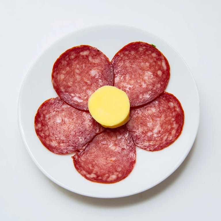 This simple Tudor Rose appetizer showcases salami arranged like a rose around a yellow cheese center.