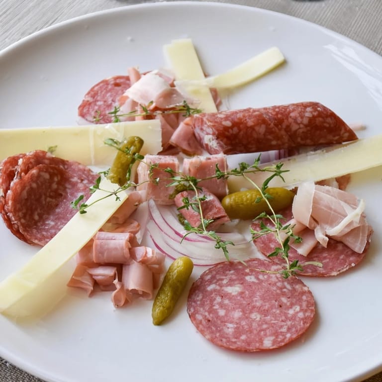 This rustic Burlap & Lace charcuterie board offers a delicious arrangement of meats and cheeses to share.