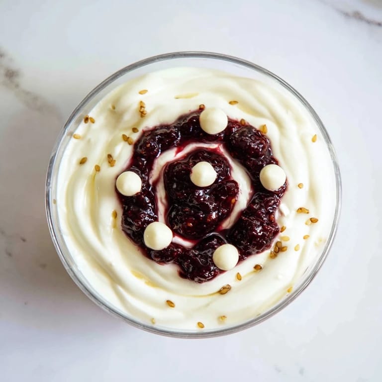 A beautiful Galaxy Spiral recipe with sesame stars and berry jam in a yogurt creation.