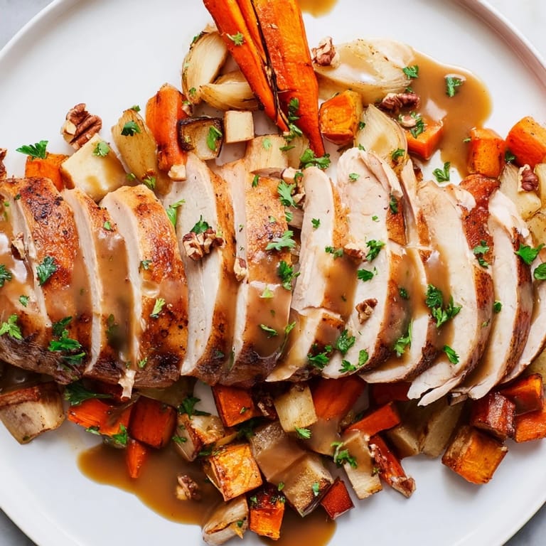 Golden-brown slices of Turkey nestled with colorful roasted root vegetables in the Chains of the Mayflower recipe.