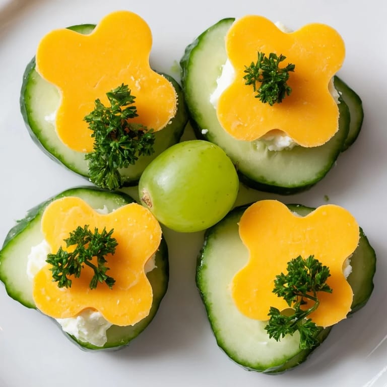 A close-up of a vibrant Lucky Four-Leaf Clover Snack, with halved grape centers and celery stems.