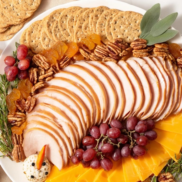 Thanksgiving appetizer, The Turkey Tail Fan, features meats, cheeses, crackers, and fruit beautifully arranged.