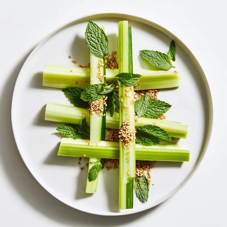 Knackige Stangen vom Bamboo Zen Appetizer, kunstvoll angerichtet mit Gurke und Sellerie, perfekt zum Dippen.