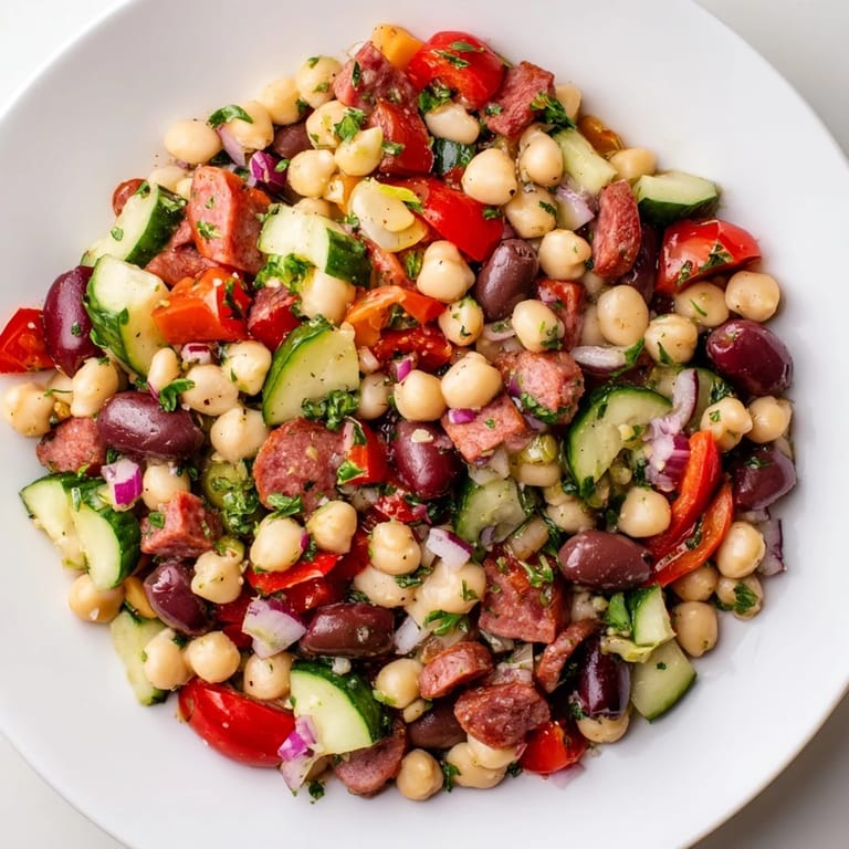 A refreshing bowl of Mediterranean Dense Bean Salad with Salami, boasting vibrant vegetables and savory salami.