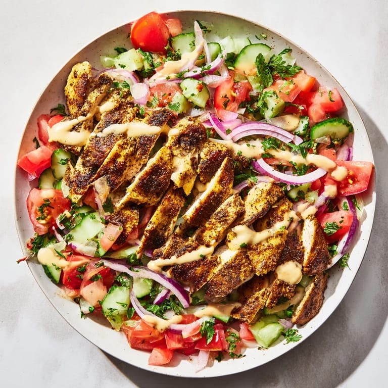 This chicken shawarma salad features perfectly sliced, spiced chicken over fresh vegetables and creamy dressing.