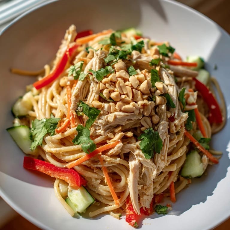 Tender chicken and noodles in a flavorful Thai-Inspired Peanut Chicken Pasta salad with bright cilantro.