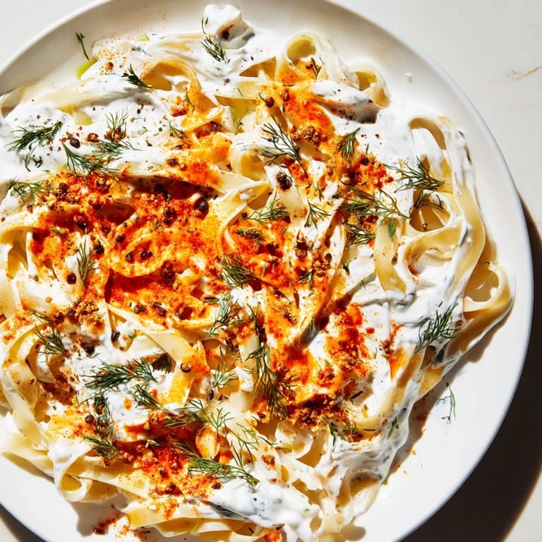 A close-up of Turkish Pasta with Paprika Butter, showcasing the rich, red chili butter.