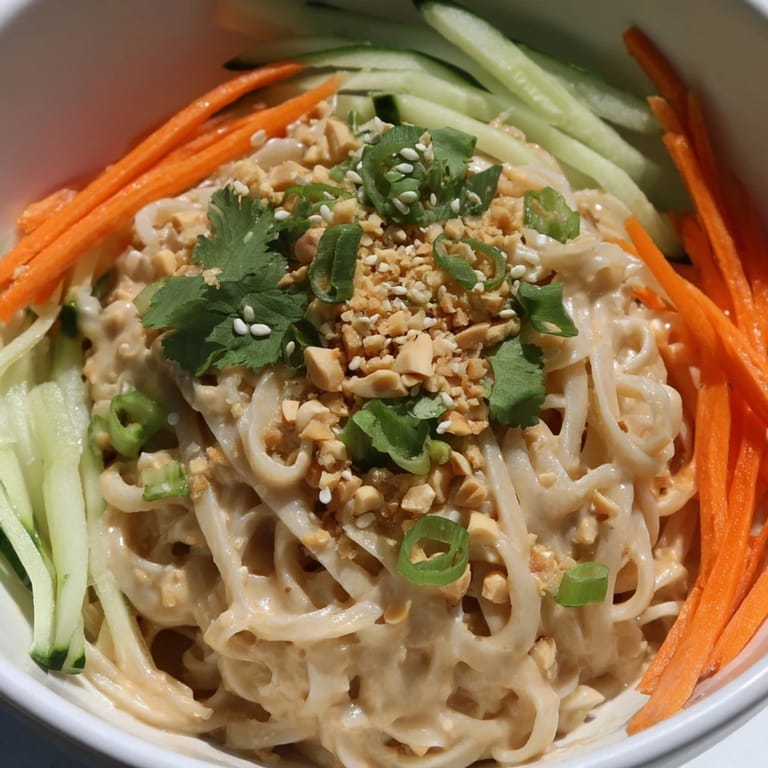 Creamy cold sesame noodles, glistening in a light sauce, garnished with fresh cilantro and sesame seeds.