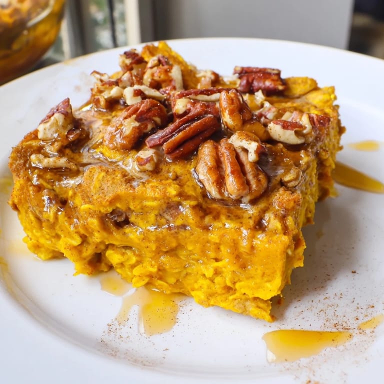 A single serving of fluffy pumpkin spice baked oats, perfect for a cozy fall breakfast spread.