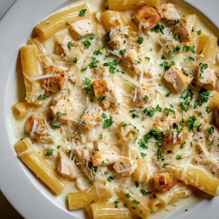 Golden, bubbly Chicken Alfredo Bake with tender chicken and creamy, cheesy goodness, ready to serve.