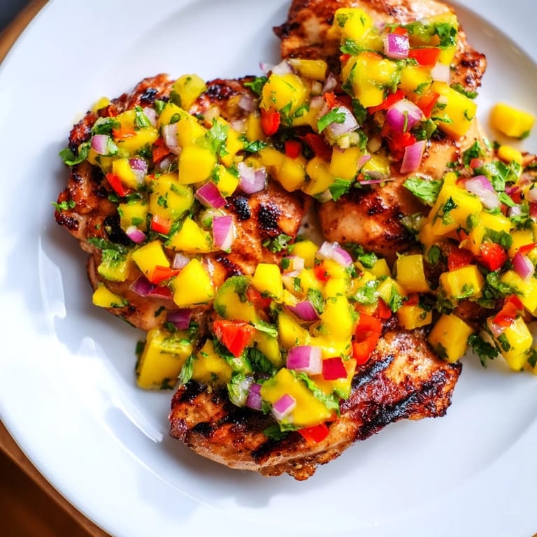 Close-up of the Grilled Mango Salsa Chicken: juicy chicken with a vibrant mango and pepper topping.