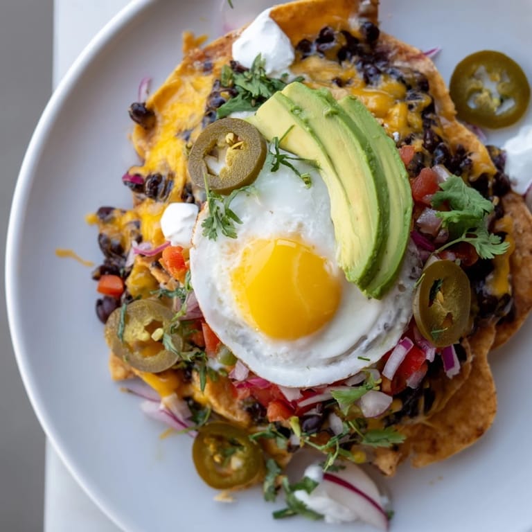 Savory Egg-Topped Breakfast Nachos with runny yolks, peppers, and cilantro offer a fiesta of flavors to enjoy.