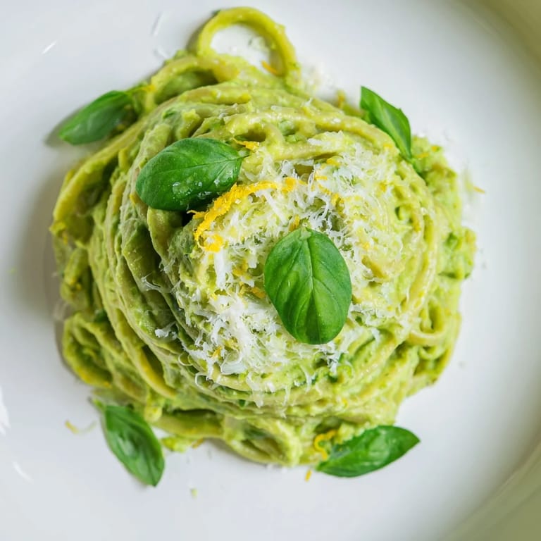 This creamy avocado pasta reveals perfectly coated noodles, ready to be enjoyed as a simple lunch.