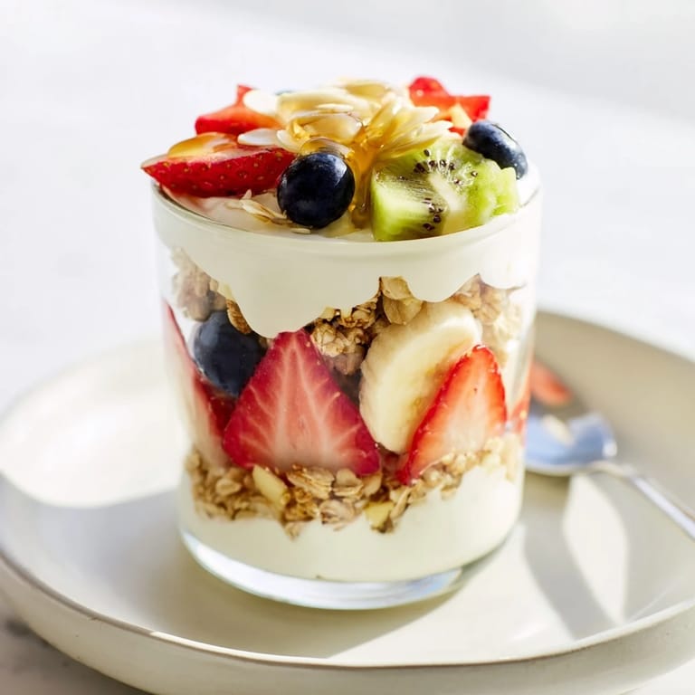 A close-up of a layered yogurt fruit parfait shows vibrant layers perfect with a spoon.