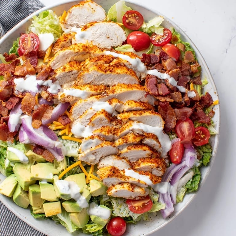 A delicious, colorful bowl of Crispy Bacon Chicken Salad: a perfect American main dish.