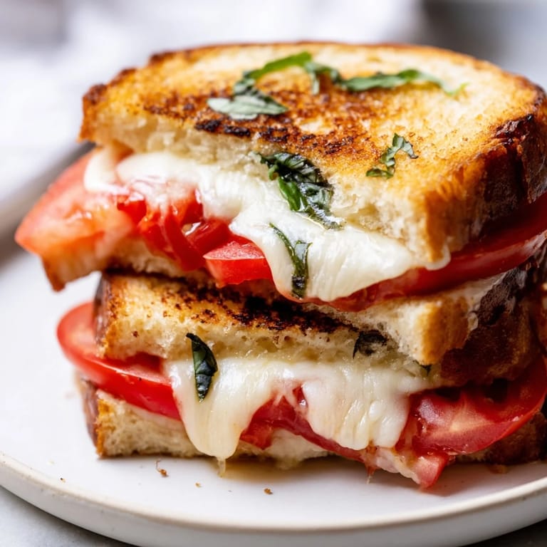 Golden-brown, cheesy Tomato Basil Grilled Cheese sandwich with crispy bread and fresh basil.
