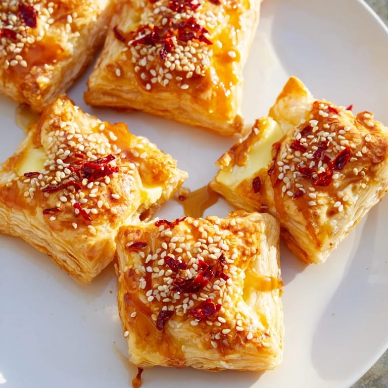 Easy appetizer: baked puff pastry Chili Crisp Honey Brie Bites offer sweet, spicy flavor.