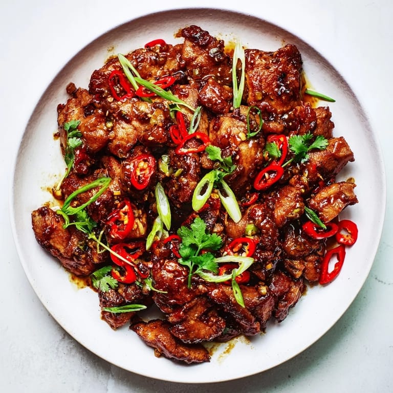 Close-up of ready-to-eat Vietnamese Caramel Chicken: a flavorful, sticky glaze on golden-brown chicken pieces.