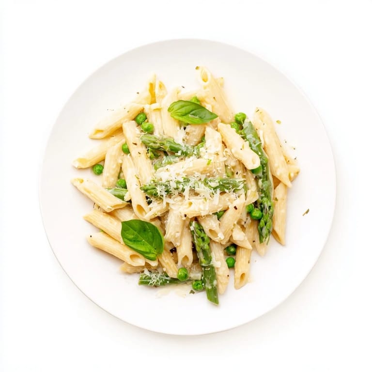 Frisch gekochte Penne mit cremiger Knoblauch-Parmesan-Sauce, üppig mit frischem Zitronenaroma und gehacktem Basilikum garniert.
