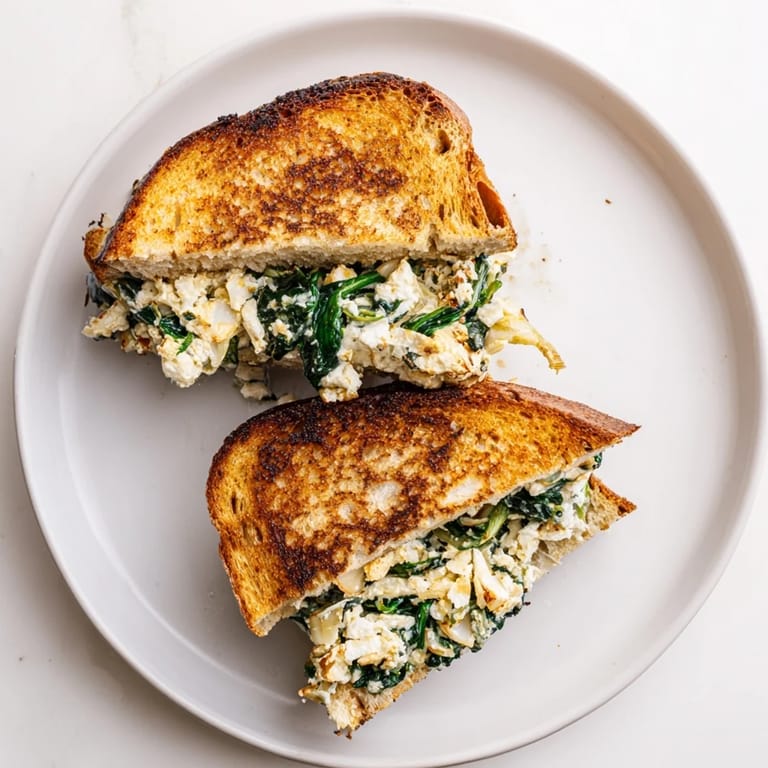 Frisch zubereitetes Feta & Spinach Stuffed Grilled Cheese, serviert neben einer Tasse Tomatensuppe für die Mittagspause.