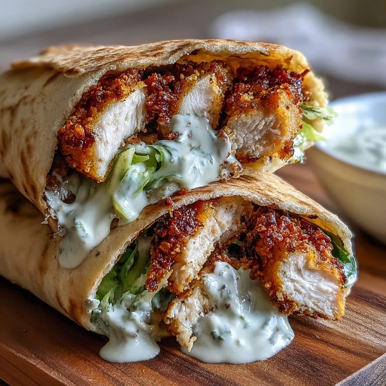 Frisch zubereitete Crispy Chicken Caesar Pitas, gefüllt mit knusprigem Hähnchen, romaine Salat und cremiger Caesar-Soße.