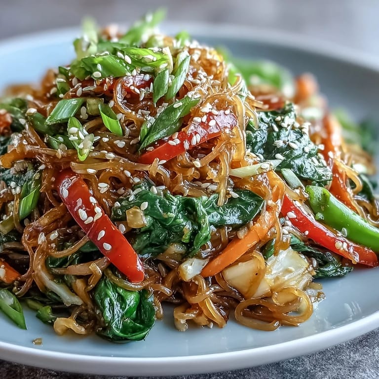 Bunte Kelpnudel-Pfanne mit knackigem Gemüse und exotischem Ingwer-Dressing serviert.