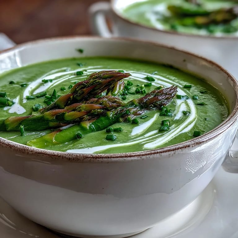 Silky pureed Asparagus Soup in a white bowl, topped with tender asparagus tips.