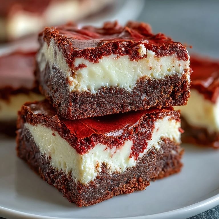 Saftige Rote Samt Cheesecake Brownies auf einem rustikalen Holztisch, begleitet von einer Tasse Kaffee für den Genuss.