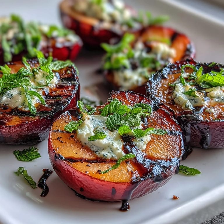 Perfekt für den Grill: Warme Balsamic-Goat-Cheese-Pflaumen mit duftendem Ziegenkäse und dunkler Balsamico-Reduktion.