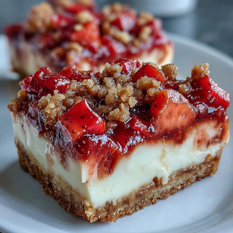Cremige Strawberry Cheesecake Bars, wunderschön dekoriert mit frischen roten Erdbeeren.