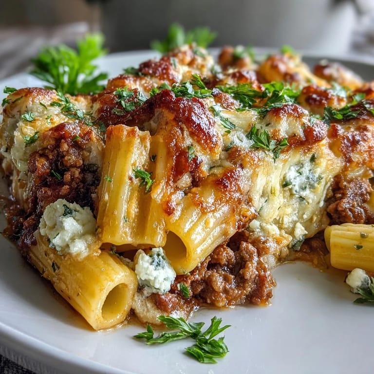 Cottage Cheese Protein Pasta Bake mit Grundnahrungsmitteln, serviert in einer Auflaufform mit dampfendem Käse über Pasta und Bolognese.