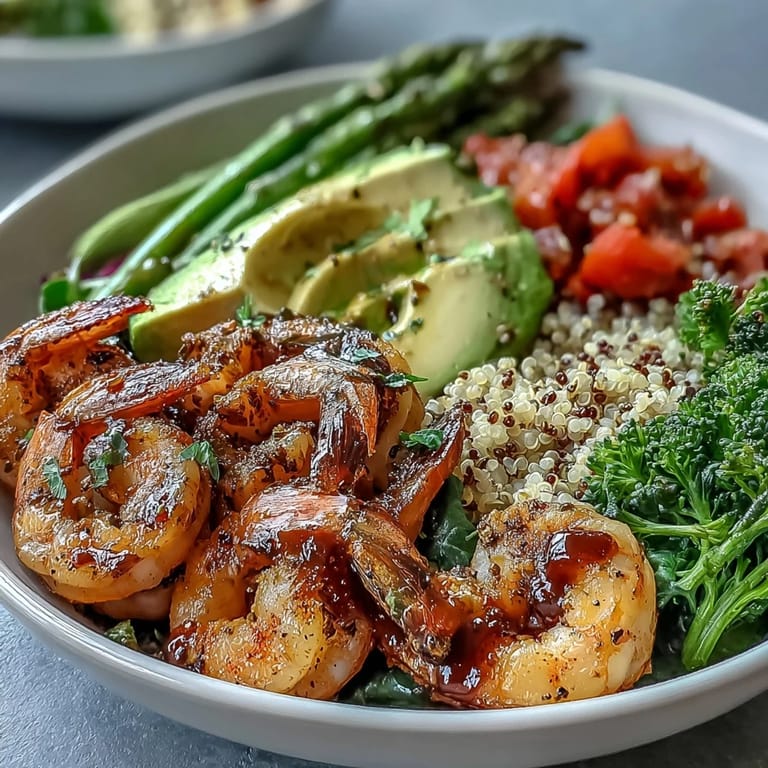 Farbenprächtiger Rainbow Vegetable Detox Bowl mit glasierten Garnelen, knackigem Spargel, Rotkohl und einer tangigen Balsamicovinaigrette.