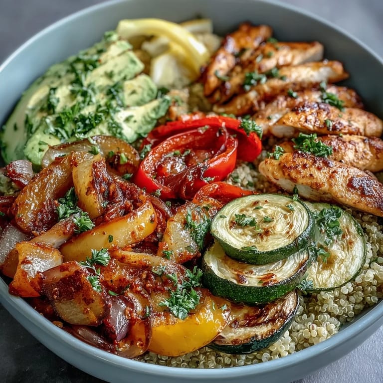 Die Paprika-Gemüse-Quinoa-Bowl bietet duftende Gewürze, fluffigen Quinoa und knuspriges Gemüse auf einem Bett aus grünem Salat.