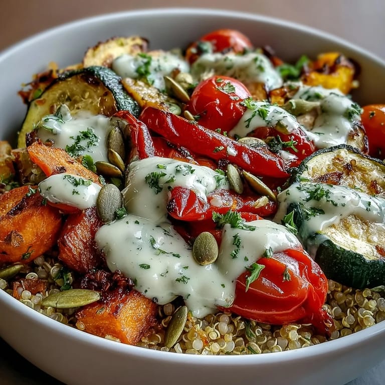 Schüssel mit goldbraun geröstetem Gemüse auf fluffigem Quinoa und würziger Tahini-Soße.