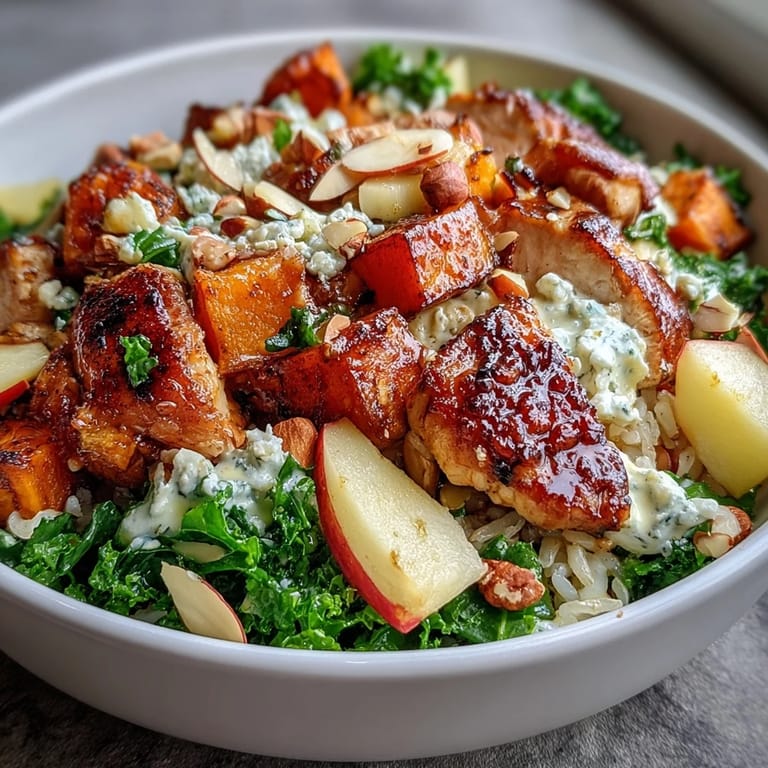 Gourmet-Ernteschüssel mit wildem Reis, geröstetem Hähnchen und cremigem Ziegenkäse.