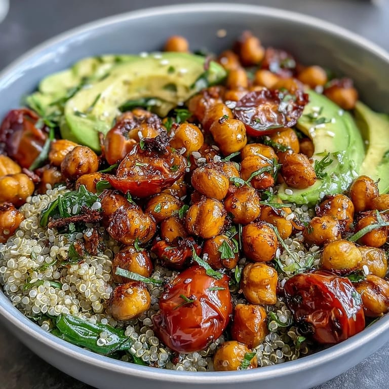 Vollmundige Zitronen-Vinaigrette Getreide-Bowls mit goldbraunen Kichererbsen und frischem Gemüse.