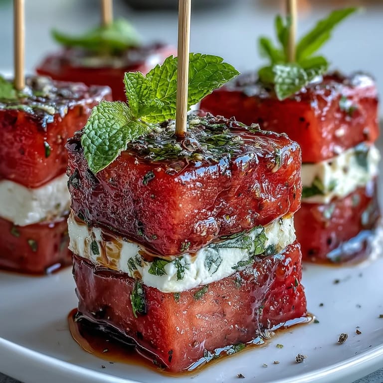 Kühlende Wassermelonen-Feta-Bites, dekoriert mit Minze auf Zahnstochern serviert.