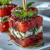 Erfrischende Wassermelonen-Feta-Bites mit Minze, perfekt für den kleinen Hunger.